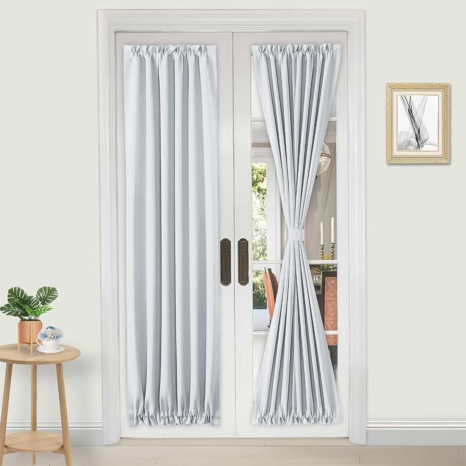 DWCN French Door Curtains – Rod Pocket Thermal Curtain for Doors with Glass Window, Kitchen and Patio Doors for Privacy, 25 X 64 Inches Long, 1 Curtain Panel with Tieback, Greyish White