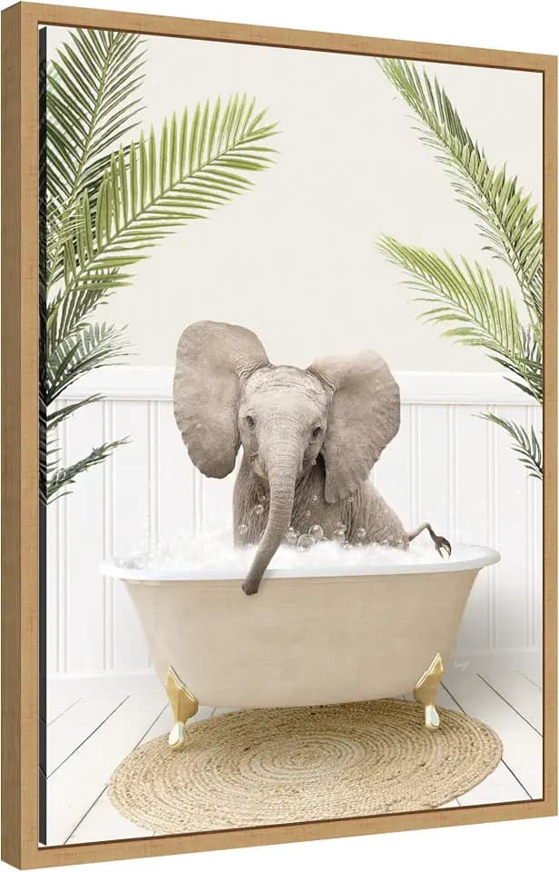Kate and Laurel Baby Elephant 3 in Palms Bathtub Framed Canvas Wall Art by Amy Peterson 18 x 24 Sylvie Natural, Whimsical, Animals, Bathroom, Tropical Art for Wall Decor, Living Room, Bedroom