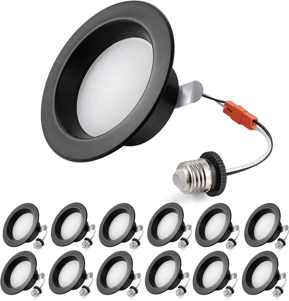 Premium Metal 4 Inch Retrofit Recessed Lighting - 5CCT Selectable, Dimmable Baffle Can Lights, 9W 800LM Damp Rated, E26 Base LED Downlight, 4inch 12 Pack Black