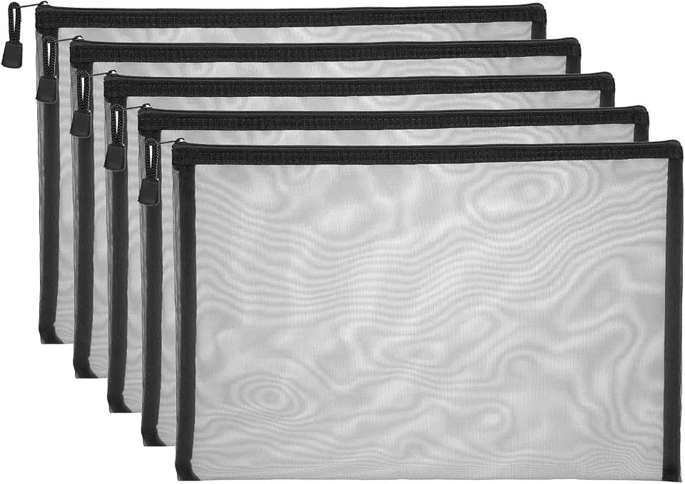 PATIKIL A4 Mesh Zipper Pouch Bags, 5 PCS Mesh Bags with Zipper Plastic Storage Pocket for Organizing File Beads Office Home Supplies, 34x24cm, Black