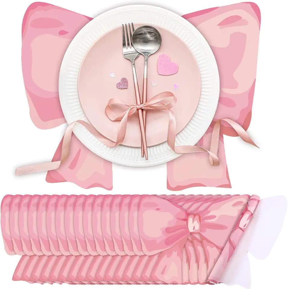 Tinlade Disposable Bow Placemats Coquette Bow Table Mats Slice 13.8 Inches Decorative Paper Placemats for Birthday Bridal Wedding Party Table Setting(Pink,50 Pack)