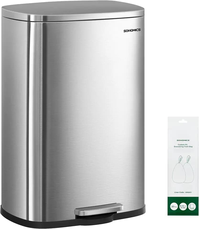 SONGMICS 20 Gallon (75 L) Trash Can, Stainless Steel, Step-On Pedal