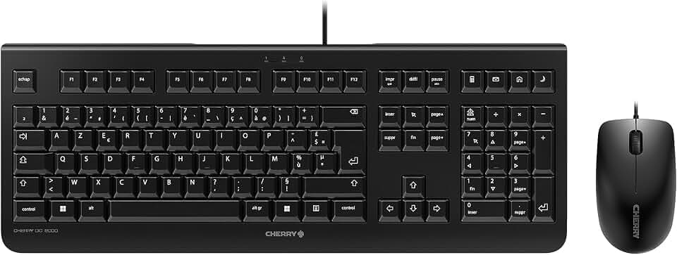 CHERRY DC 2000, Kabelgebundenes Tastatur-Maus-Set, Französisches Layout (AZERTY), Plug & Play über je 1 USB-Anschluss, Flaches Design, Symmetrische Maus, Schwarz