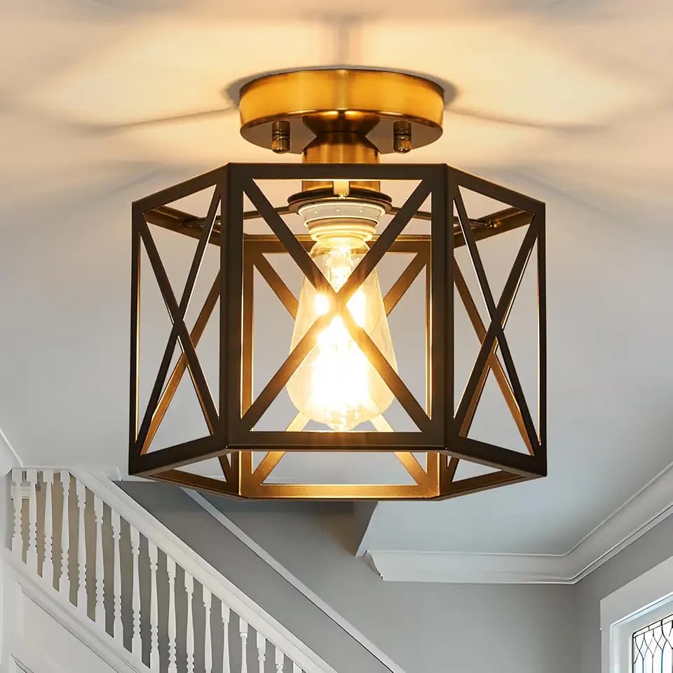 Black and Gold Modern Farmhouse Metal Semi Flush Mount Ceiling Light 9.5 in