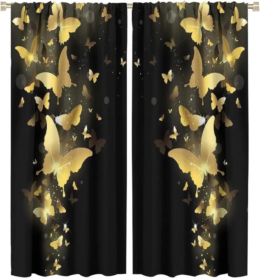 Golden Butterfly Blackout Window Curtains, Black Gold Butterflies Room Darkening Rod Pocket Windows Door Curtain for Bedroom Living Room Home Decor 42x45in