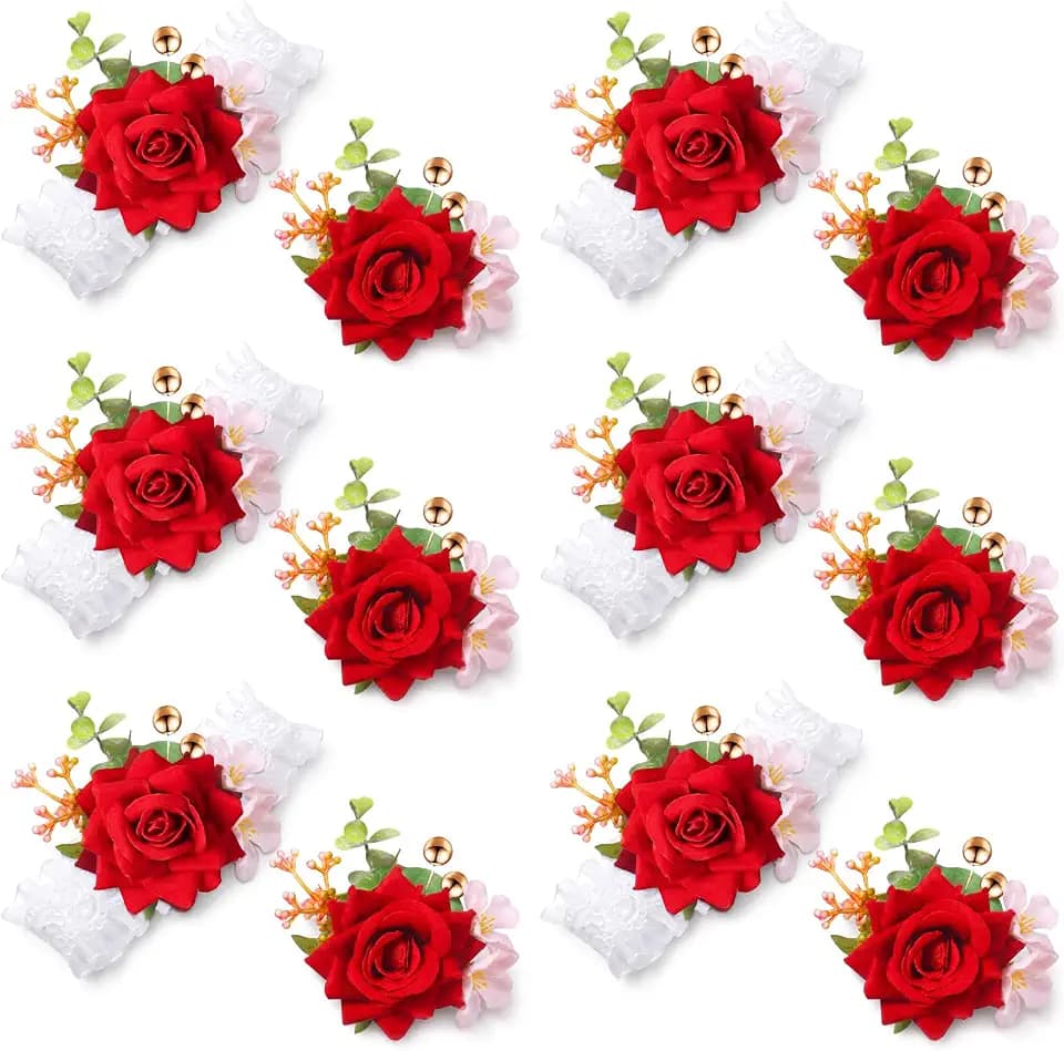 Sherr 12 Pack Rose Wrist Corsages Lace Band for Wedding Bridesmaid,Red