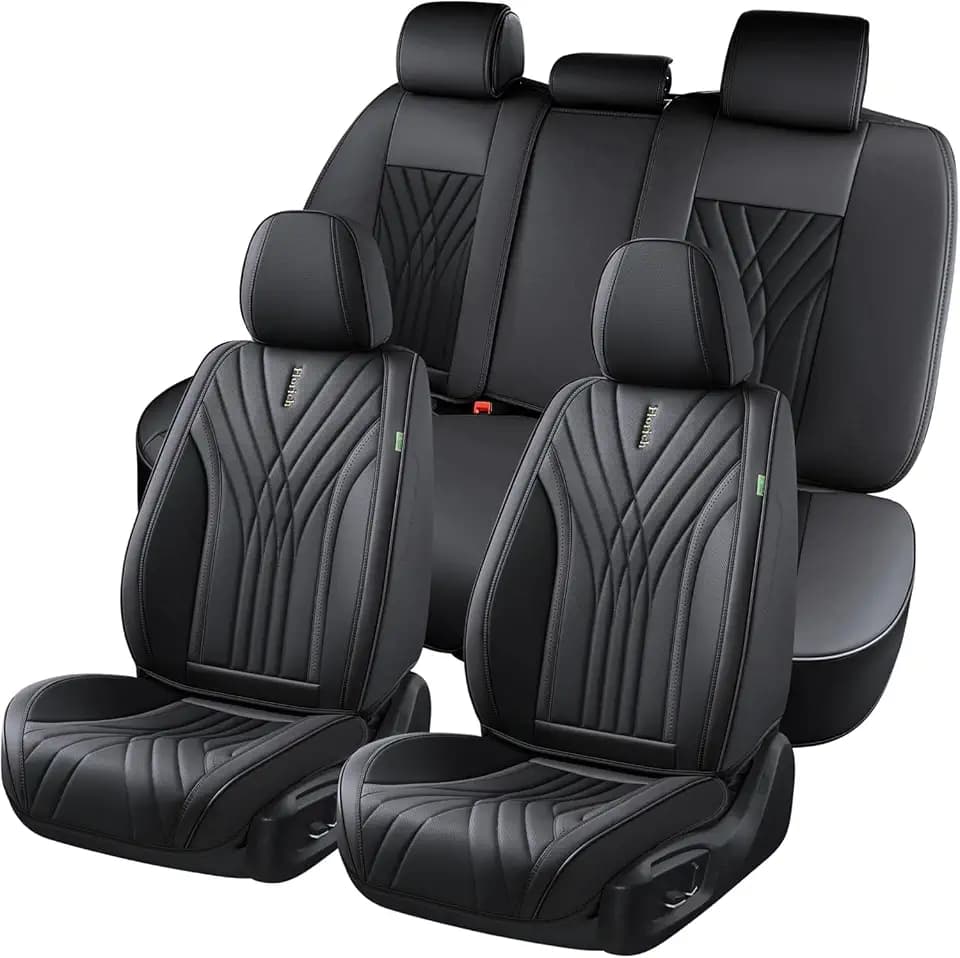 FLORICH Autositzbezüge Set PU Leder Vordersitze und Rückbank, wasserdichte Autositzauflage Universelle Passform für 95% Limousine, SUV, Pickup, Van (Komplettset, Schwarz01)