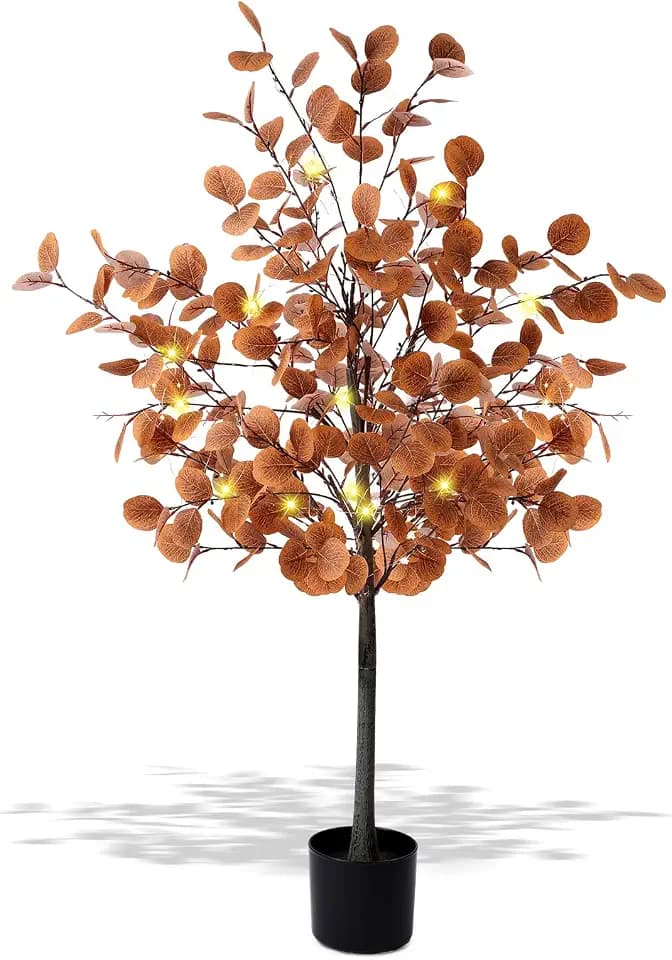 4 ft Lighted Fall Tree, Artificial Eucalyptus Leaves Decor