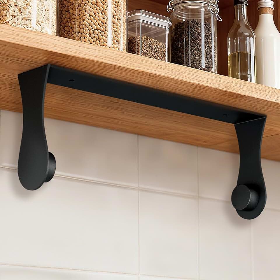 Paper Towel Holder Under Cabinet, Wall Mount, Black, Adhesive or Screw