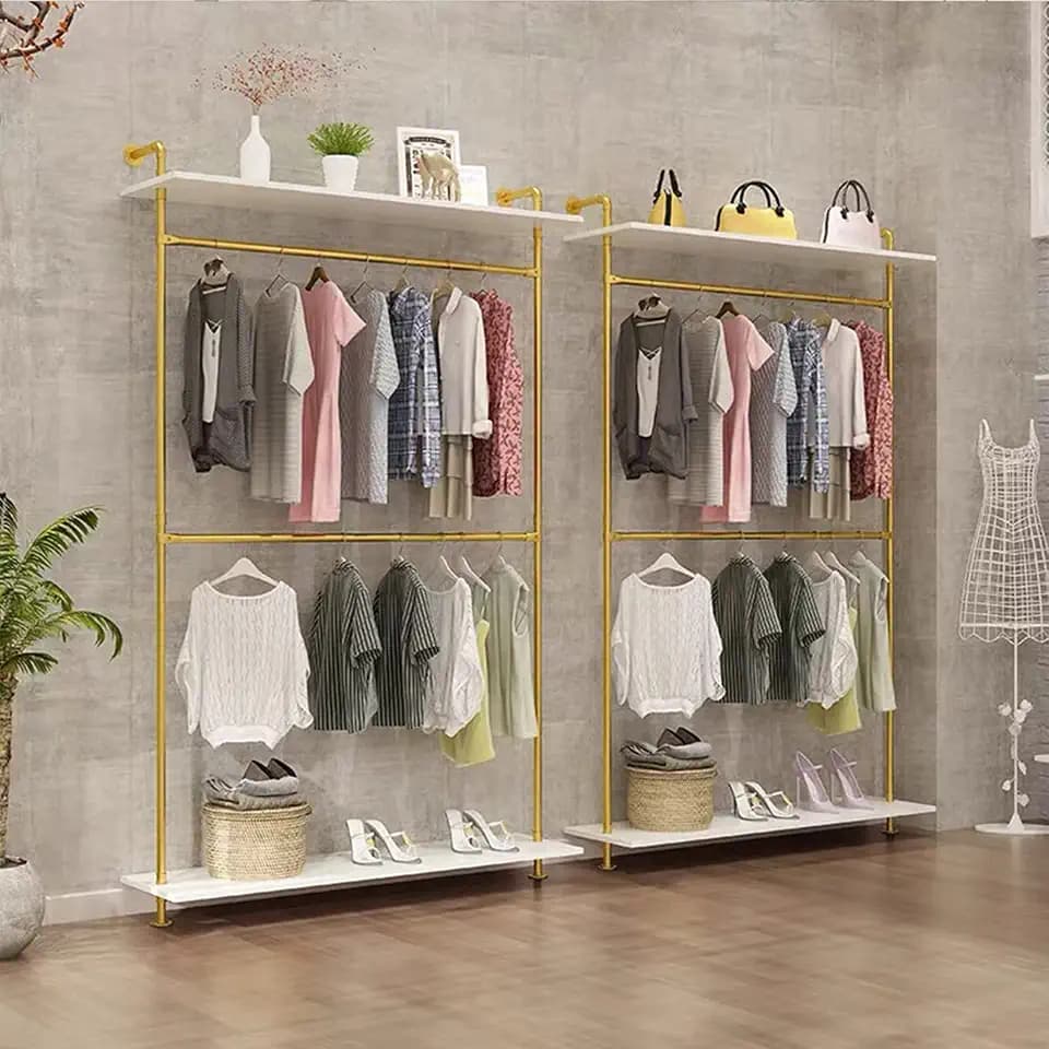 Modern Simple 2 Tier Industrial Pipe and Wood Garment Rack,Wall Mounted Double Hanging Rods Clothing Rack,Retail Display Storage Clothes Hanging Shelves (One Shelves,Gold, 47.2"L)