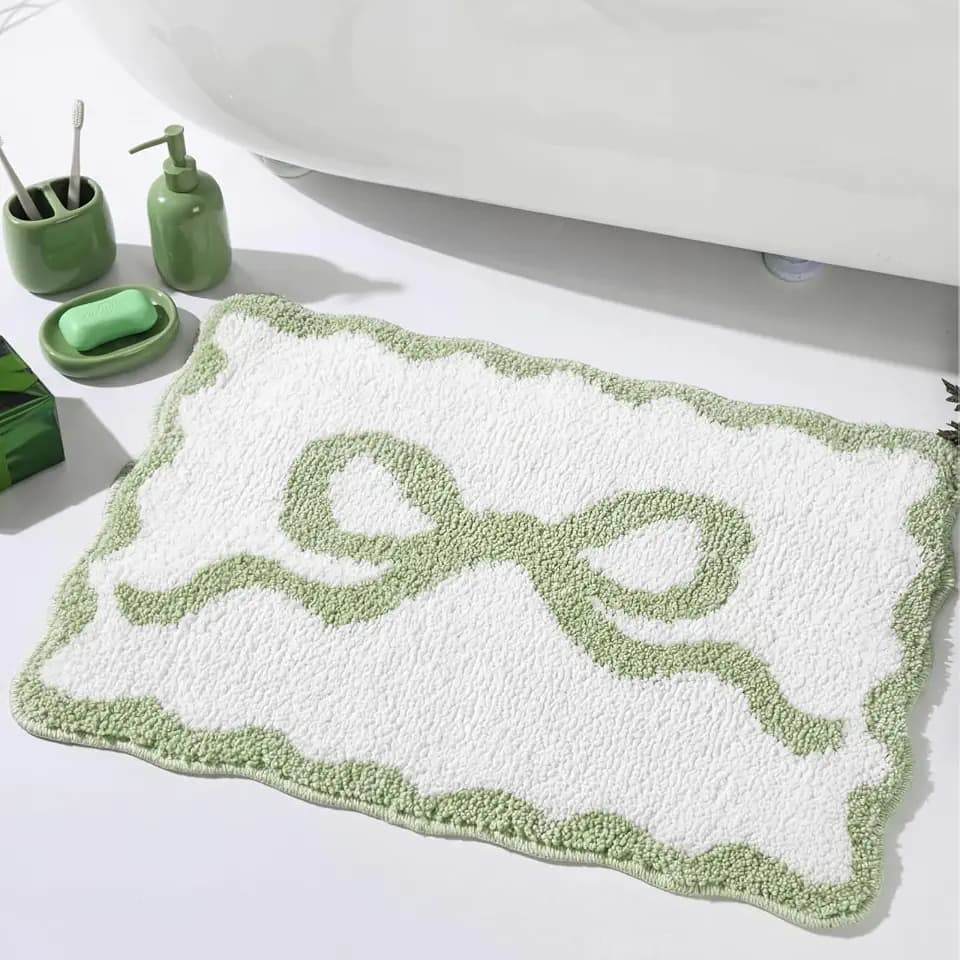 Tinideya Sage Green Bow Bathroom Rug 16" x 24" Scalloped Bow Bath Mat