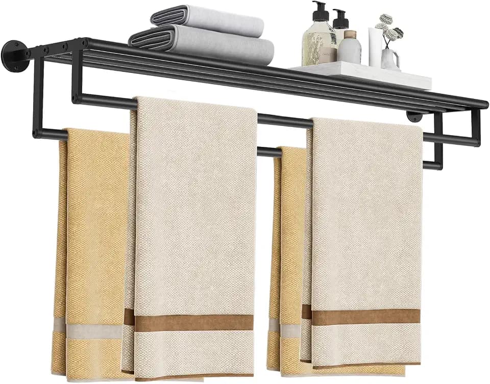 Double Towel Racks for Bathroom, 32Inch Double Towel Bar with Shelf, Towel Tack with Shelf, Wall Mount Towel Holder, Stainless Steel Towel Rod(Matte Black)