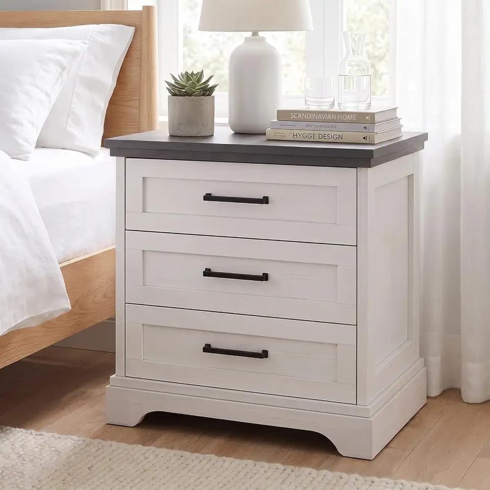 DUMOS White Farmhouse 3 Drawer Wood Nightstand with Charging Station