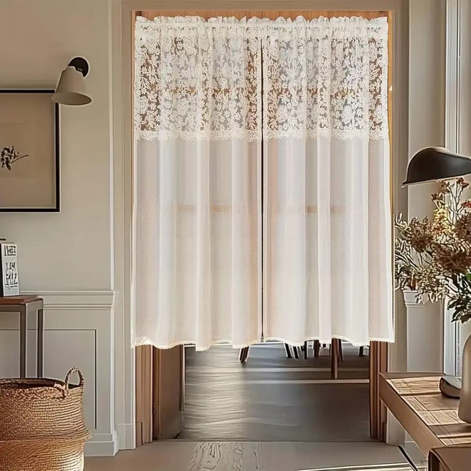 Vintage Beige Embroidered Floral Lace Sheer Curtain Valance for Kitchen