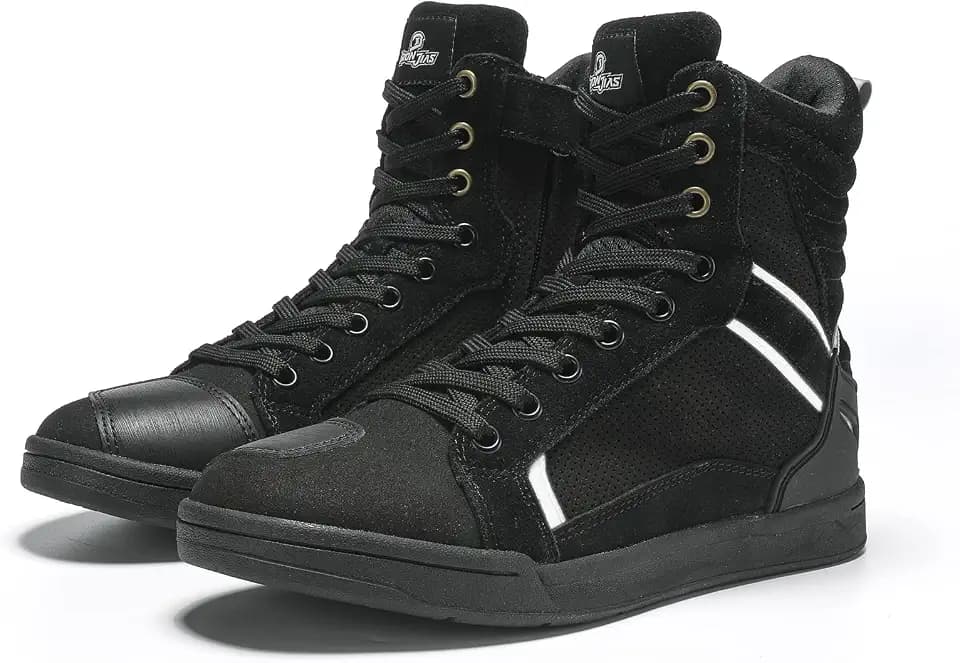 BORLENI Motorradschuhe Herren Motorradstiefel Männer lässige atmungsaktive Leder Motorrad Sneaker reissverschluß mit Schaltpolster, rutschfeste Sohle(Schwarz, 46)
