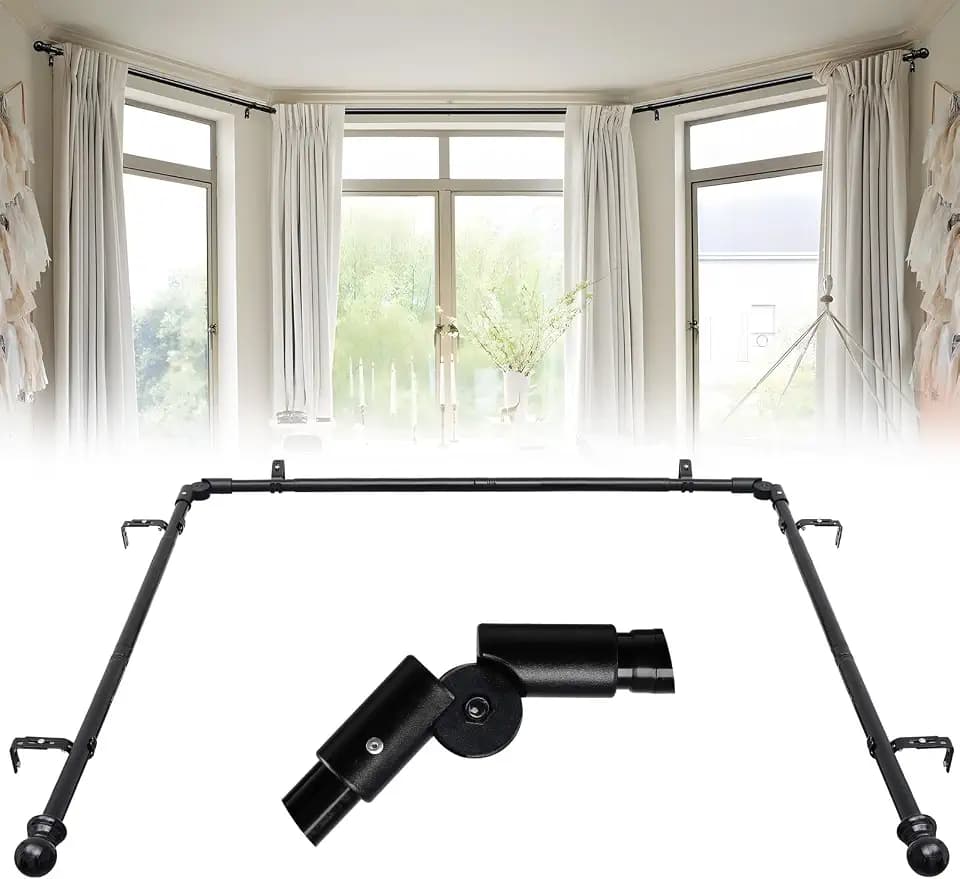 Bay Window Curtain Rods, 1 Inch Heavy Duty Metal U Shaped Corner Curtain Rod, 59-184” Adjustable Curved Curtain Rod for Bay Window Black