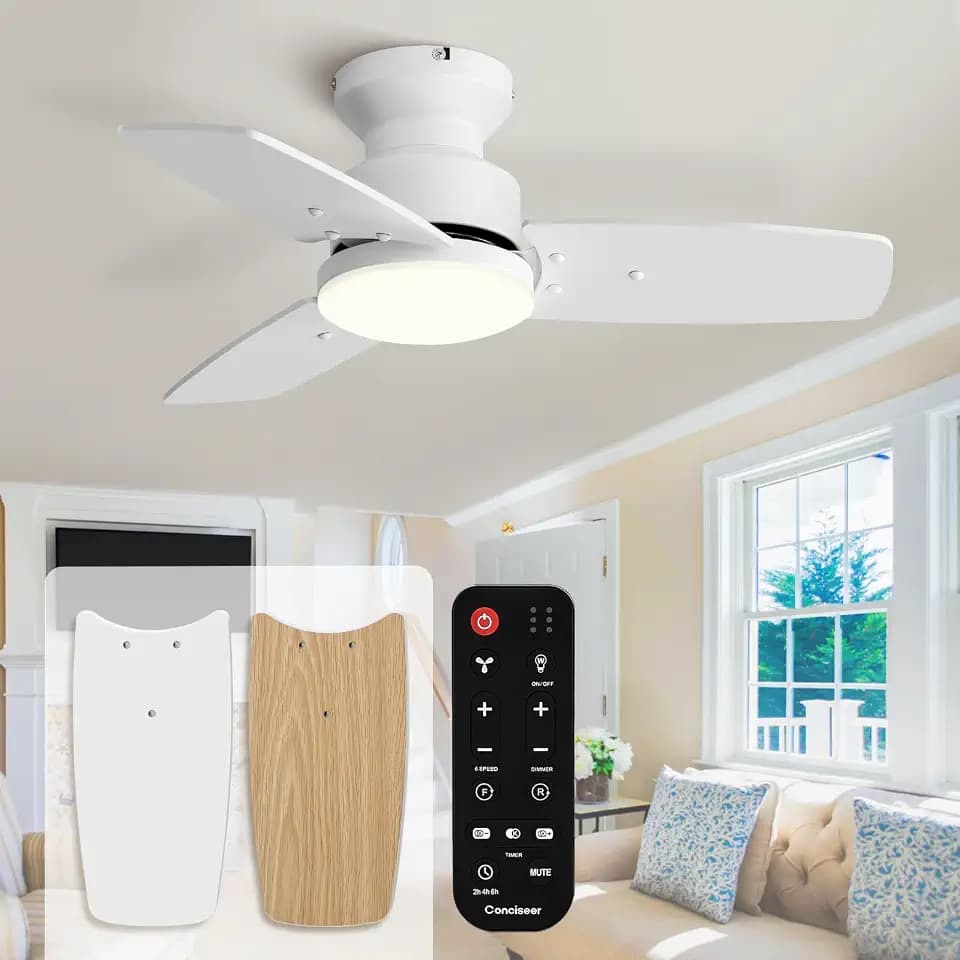 Conciseer 30 Inch Ceiling Fans with Lights and Remote, Bedroom Living Room Office, Flush Mount, 6CCT Dimmable, Dual Color 3 Blades 6 Speed Reversible Quiet DC Motor, White/Wood Grain