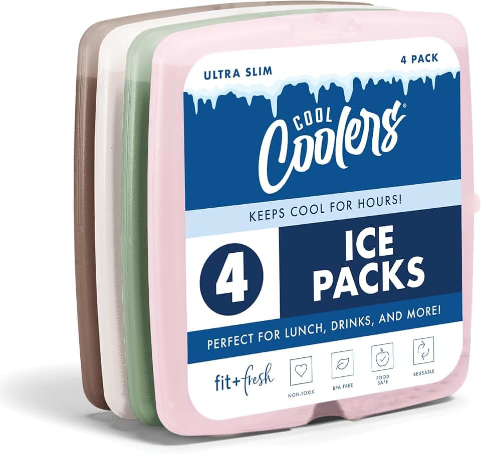 Cool Coolers by Fit & Fresh Slim Ice Packs, Quick Freeze Reusable Ice Packs for Lunch Boxes & Coolers, Long-Lasting, Space Saving Lunch Ice Packs, Blue, 4Pk