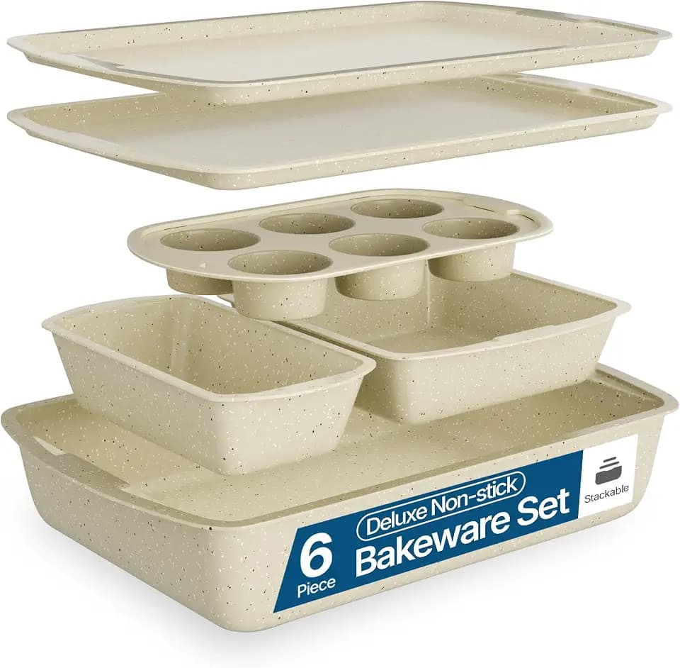 Bakken Swiss - Bakeware Set – 6 Piece – Stackable, Deluxe, Non-Stick Baking Pans for Professional and Home Cooking – Carbon Steel, White Stone Coating
