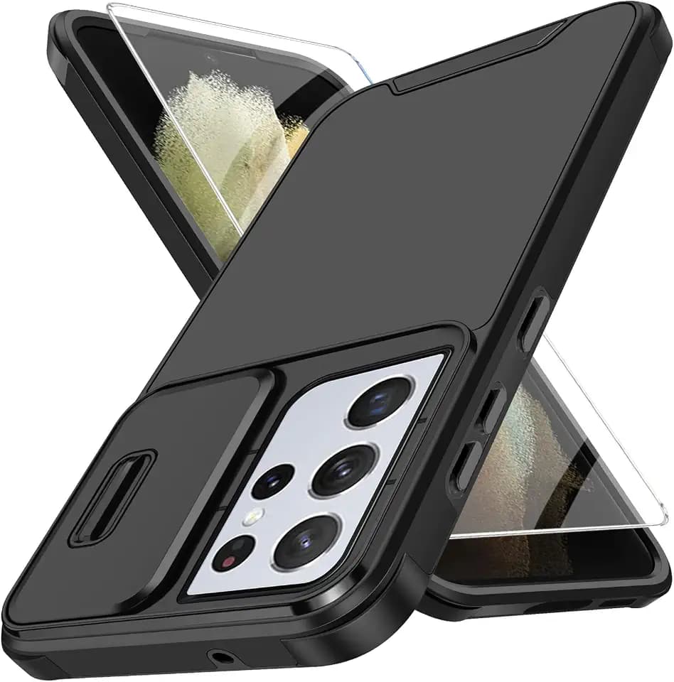 Handyhülle für Samsung Galaxy S21 Ultra Hülle mit Schutzfolie Und Slide Camera Cover Kameraschutz, Schutzhülle Militärschutz Stoßfeste Kratzfeste Panzerhülle für Samsung S21 Ultra 5G Tasche (Schwarz)