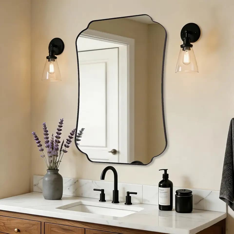 ANDY STAR Matte Black Mirror 26x38 Inch, Scalloped Wall Mirror, Unique Rectangular Bathroom Mirror in Premium Stainless Steel Metal Frame 1’’ Deep, Hangs Vertically/Horizontally