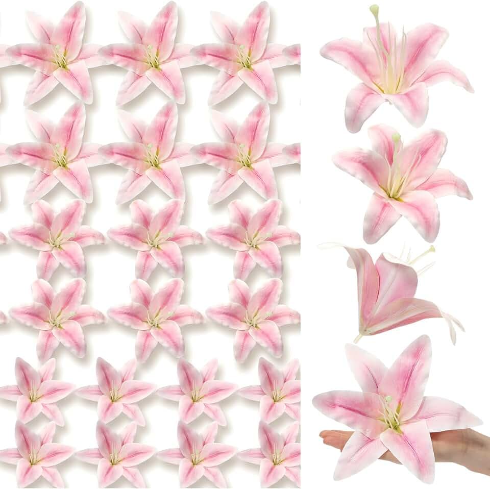 Suncalla 24 Pcs Large Fake Lilies Artificial Flower Heads, 5.1", 5.9", 7.9"