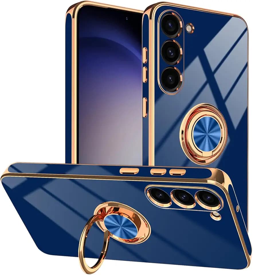 Designed for Samsung Galaxy S23 Plus Case with Ring Stand, Support Magnetic Car Mount Rotating Finger Holder Soft TPU Cover Plating Edge Slim Phone Case for Galaxy S23+ Plus Blue