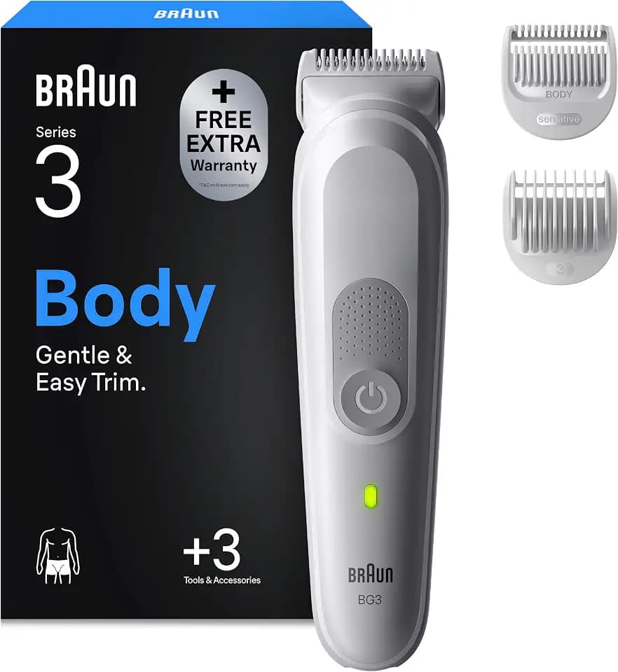 Braun Series 3 Körpertrimmer, +3 Pflegeutensilien, mit SkinGuard Technologie, 80 Minuten Aktionszeit, sensibel für empfindliche Stellen, Pflege und Zuschnitt, wasserdicht, BG3530, grau