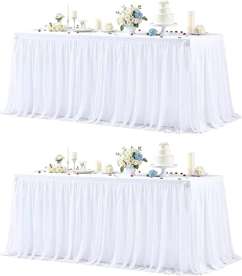 2 Pack White Tablecloths for 6 Foot Rectangle Tables Stretch Tulle Table Cloth Spandex Fitted Table Covers with Ruffle Skirt for Wedding Birthday Bridal Baby Shower Party Banquet Dessert Table Decor