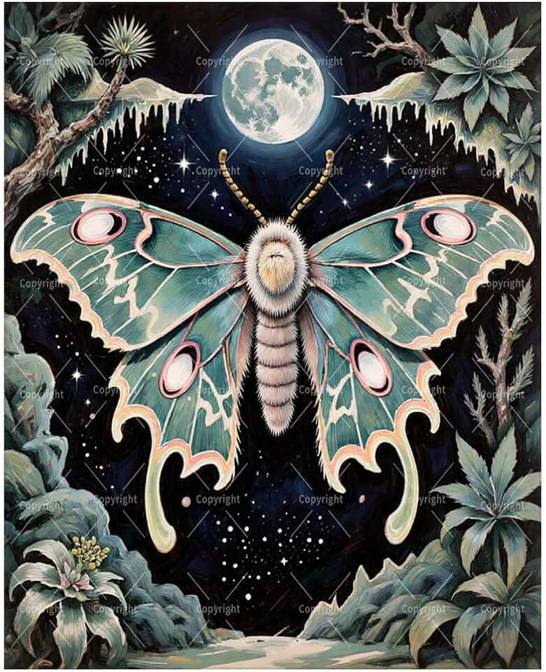 Moth Paint By Numbers Kit For Adults - Diy Luna Moth Under Full Moon Painting On Canvas 16X20 Inches, Acrylic Paint Set, Suitable For Beginners, Gift Art For Home Decoration Or Gifts, Unframed