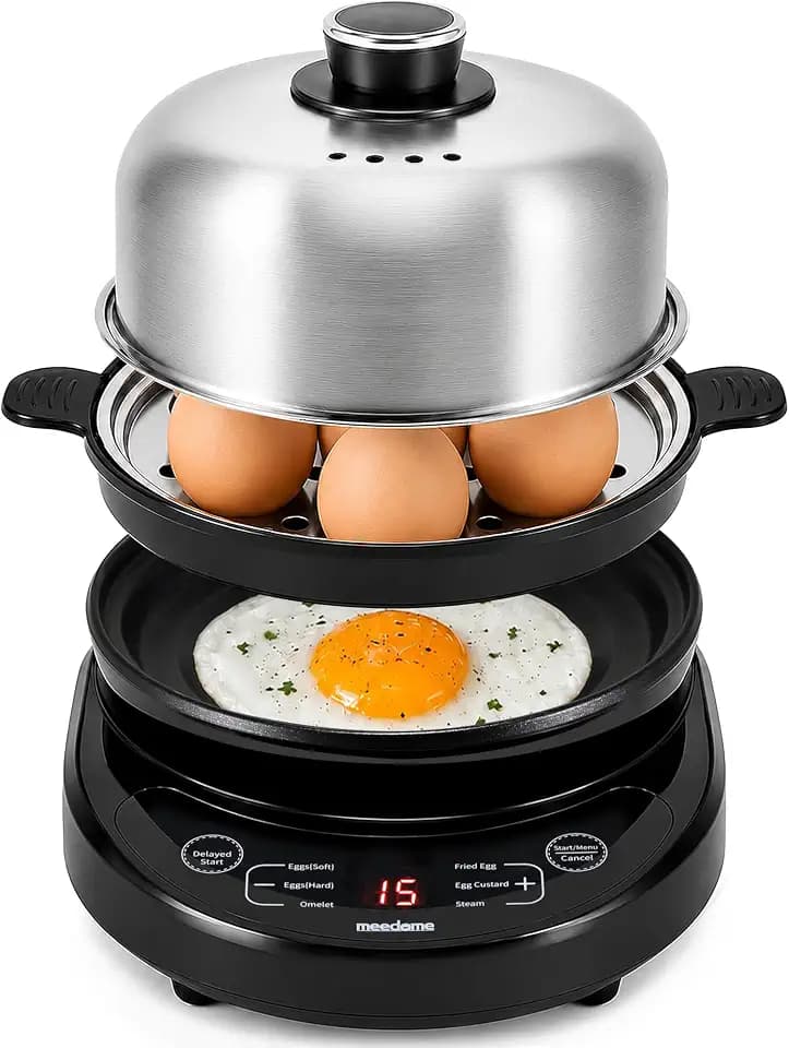 Rapid Egg Cooker, Stainless Steel Electric Egg Steamer for Hard and Soft Boiled Eggs, Fried Egg and Omelet Maker, Auto Shut-Off, Dishwasher-Safe Parts, BPA-Free, Holds 7 Eggs, Black