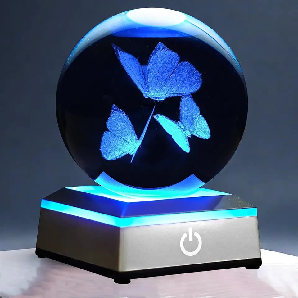 3D Crystal Ball Night Light with LED Colorful Touch Base - Butterfly Gifts for Women, Kids & Teens - 3.15' Glass Sphere Lamp - Home Decor