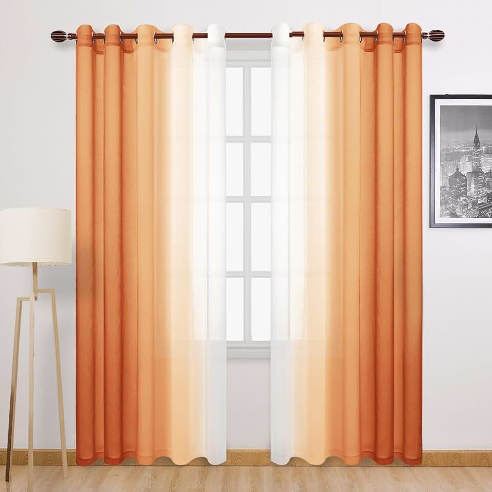 DWCN Ombre Faux Linen Sheer Curtains - Extra Wide Gradient Semi Voile Light Filtering Grommet Top Bedroom and Living Room Curtains, 60 x 84 Inches Long, 2 Panels, Sunset Orange