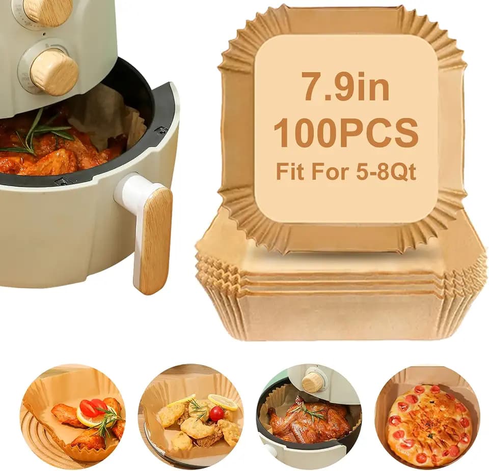 Air Fryer Paper Liners,100Pcs Airfryer Disposable Liners Paper,Non Stick Parchment Paper Liners for Air Fryer Basket,Food Grade Air Fryer Accessories for Microwave Oven Steamer 7.9“ Square