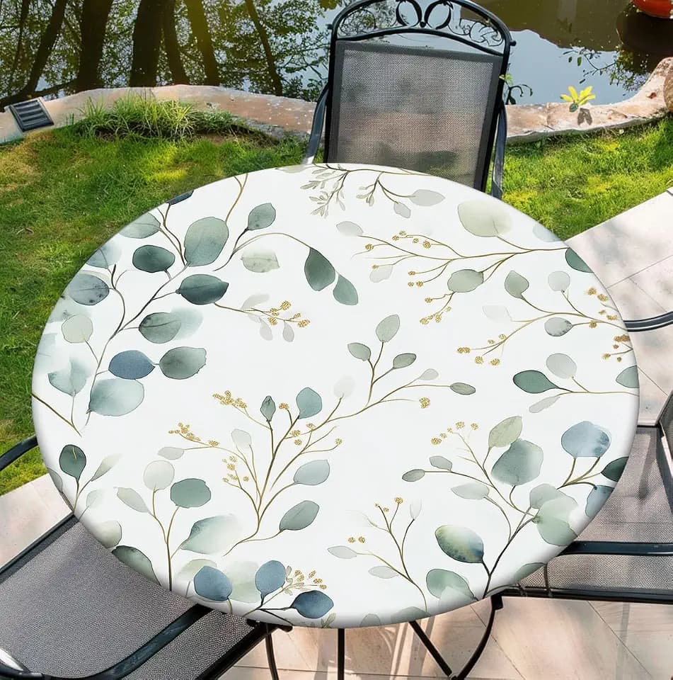 Round Tablecloth with Elastic Edge, 36-60Inch Waterproof Table Cloth for Dinner, Outdoor, Picnic, 52inch, Leaves
