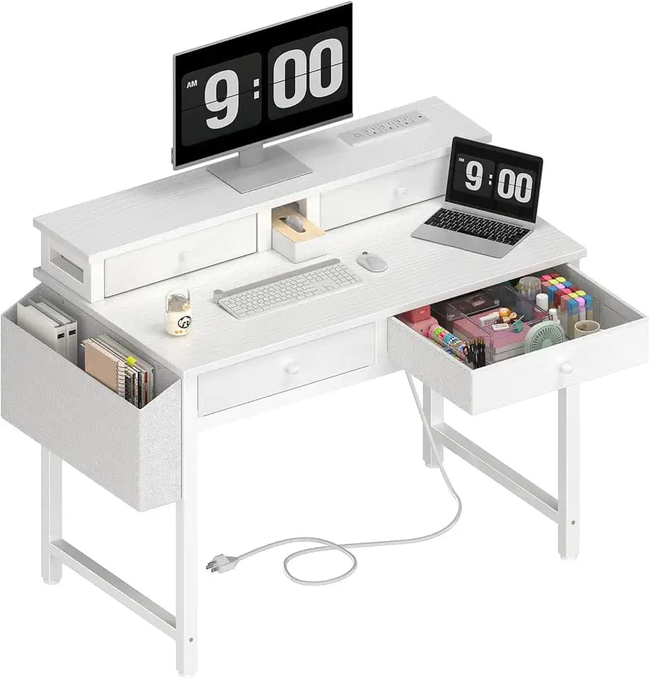 Lufeiya Small White Kids Desk with Fabric Drawers for Bedroom, 32 inch Vanity Makeup Desk with Drawers Storage for Home Office, Writing Study Table with Power Outlet & Monitor Stand, White