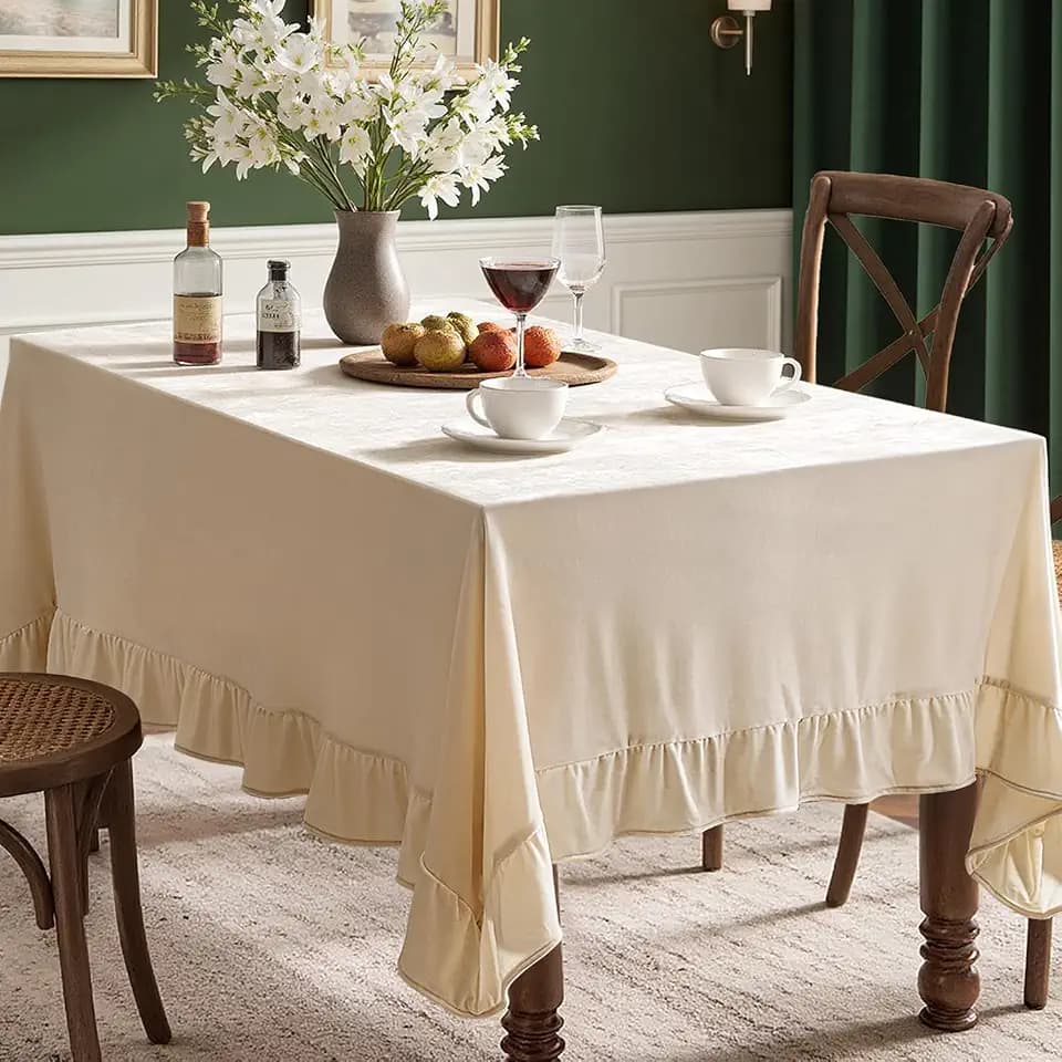 MIULEE Velvet Tablecloth with Decorative Ruffle 60x102 Inch Beige