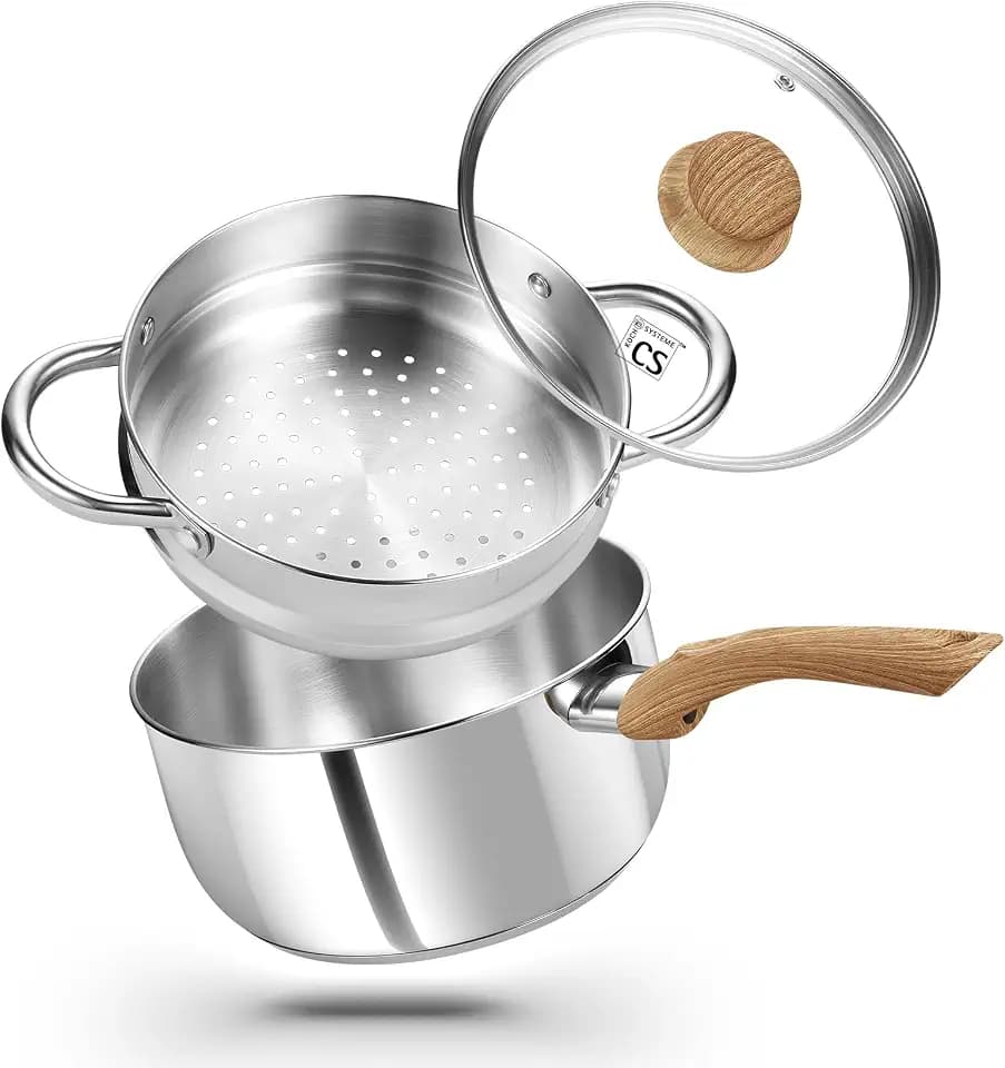 KOCH SYSTEME CS Stainless Steel Saucepan with Steamer Insert, Premium 18/10 Stainless Steel Pot 3 Quart with Cool-Touch Handle, 3 Quart Sauce Pan with Lid, Induction Compatible, Dishwasher Safe