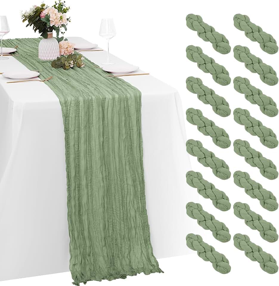 16 Pack Sage Green Cheesecloth Table Runners 20x120 Inch Gauze Table Runner Cheese Cloth 10FT Green Table Runner Rustic Sheer Runner for Wedding Baby Shower Birthday Party Table Decor