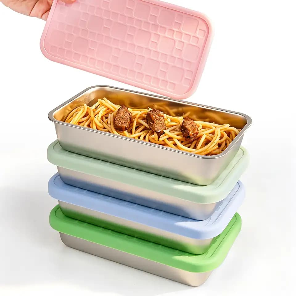 4 Pack 15 oz Stainless Steel Food Storage Containers with Silicone Lids, Leakproof Single Compartment Metal Containers, Reusable Lunch Boxes for Meal Prep, Leftovers, Travel, Camping, Fridge Storage
