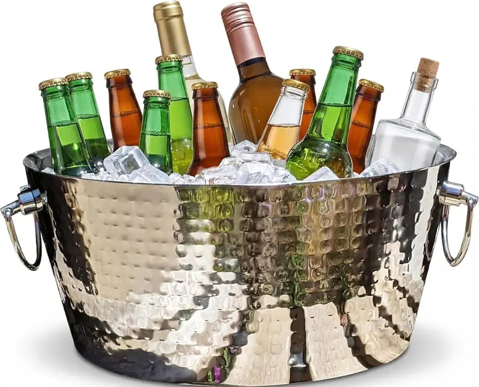 Khen Hammered Stainless Steel Drink Tub & Ice Bucket, 14.5" Silver Anchored Metal Round Beverage Cooler Double Hinged Handles Bottles, Wine, Champagne Beer Holder 13 Quarts, Indoor & Outdoor