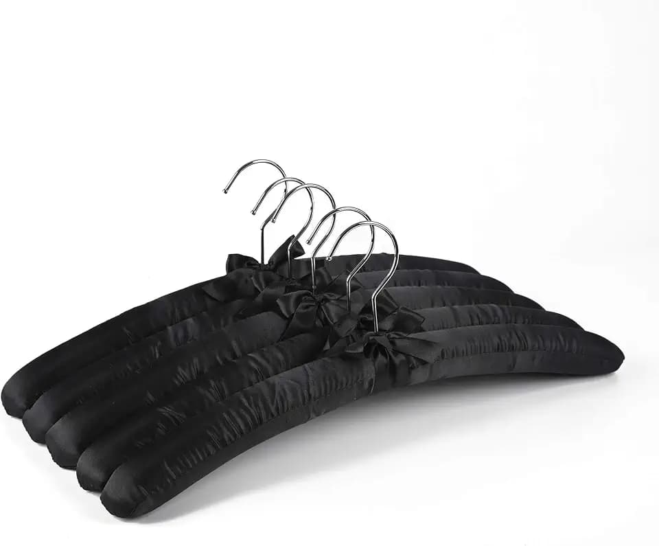 Amber Home 5 Pack Large Black Satin Padded Hangers for Women Clothing 17"