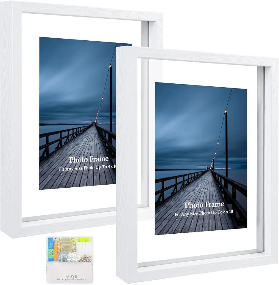 MUYE 8x10 Floating Frame Set of 2,Double Real Glass Photo Frame for Wall Hanging or Tabletop Standing,Display Any Size Photo up to 8x10,White