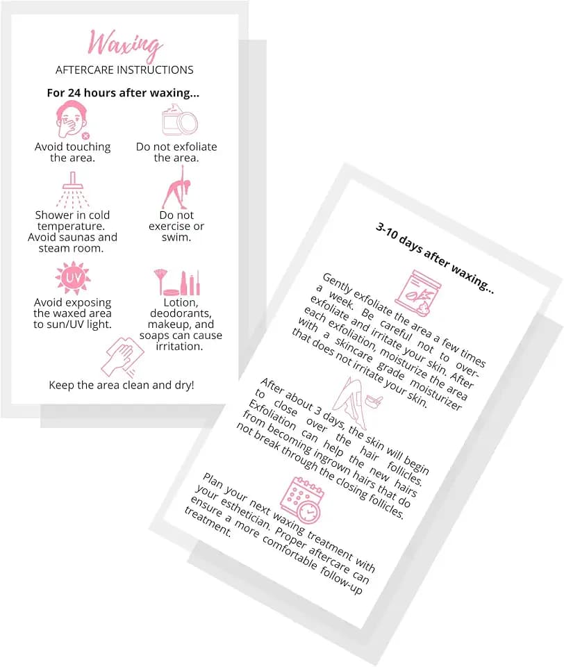 Waxing Aftercare Cards | 50 Pack | Size 2 x 3.5” inches Business Card Size | Waxing Aftercare Kit Cards PMU | Aftercare Instructions White with Pink Icons Design