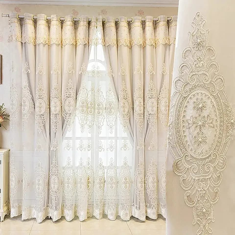 Amidoudou 1 Pair Luxury 3D Flower Embroidered Curtains for Bedroom European Double Layer Curtains with Valances for Living Room (Beige,52x84 Inch)