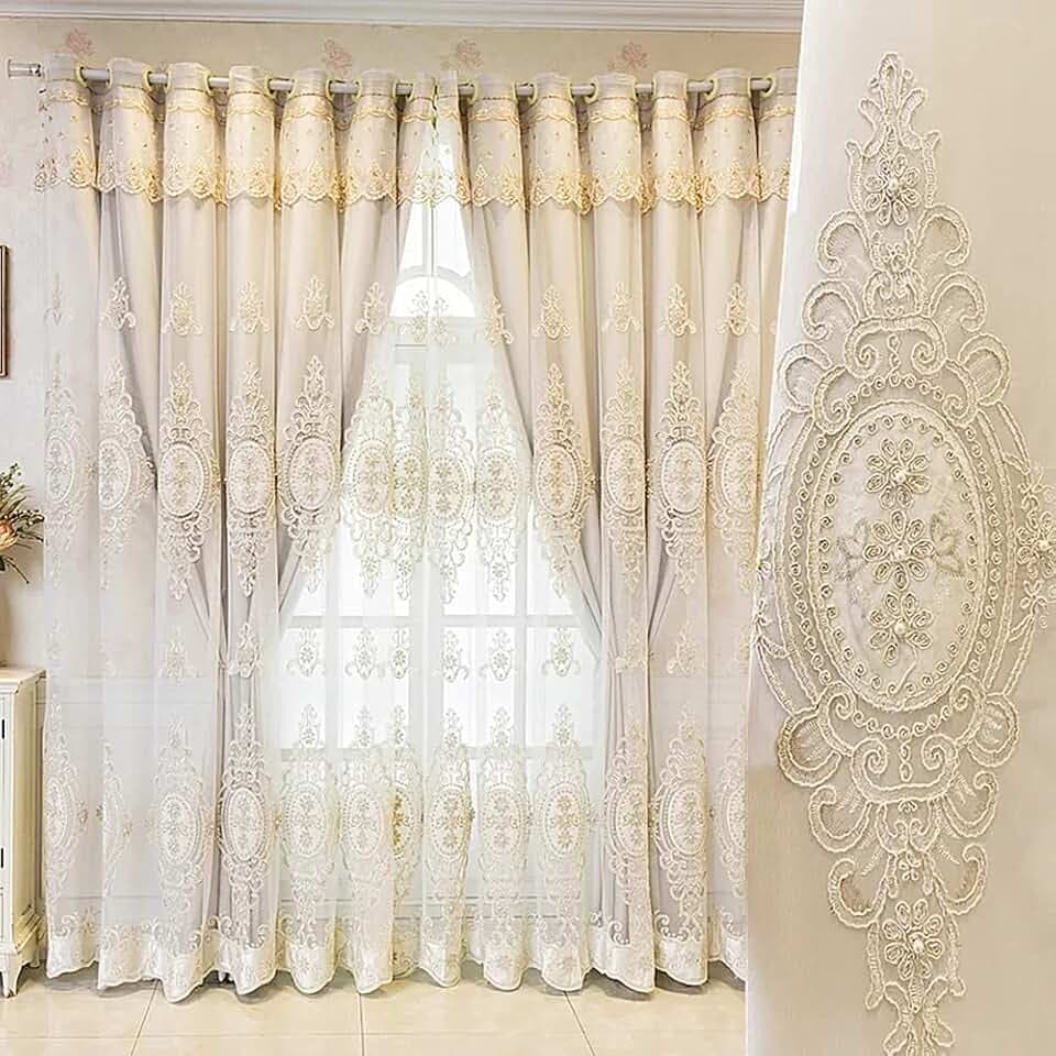 Amidoudou 1 Pair European Double Layer Curtains with Valances for Living Room Bedroom Luxury 3D Flower Embroidered Curtains (Beige,52x96 Inch)