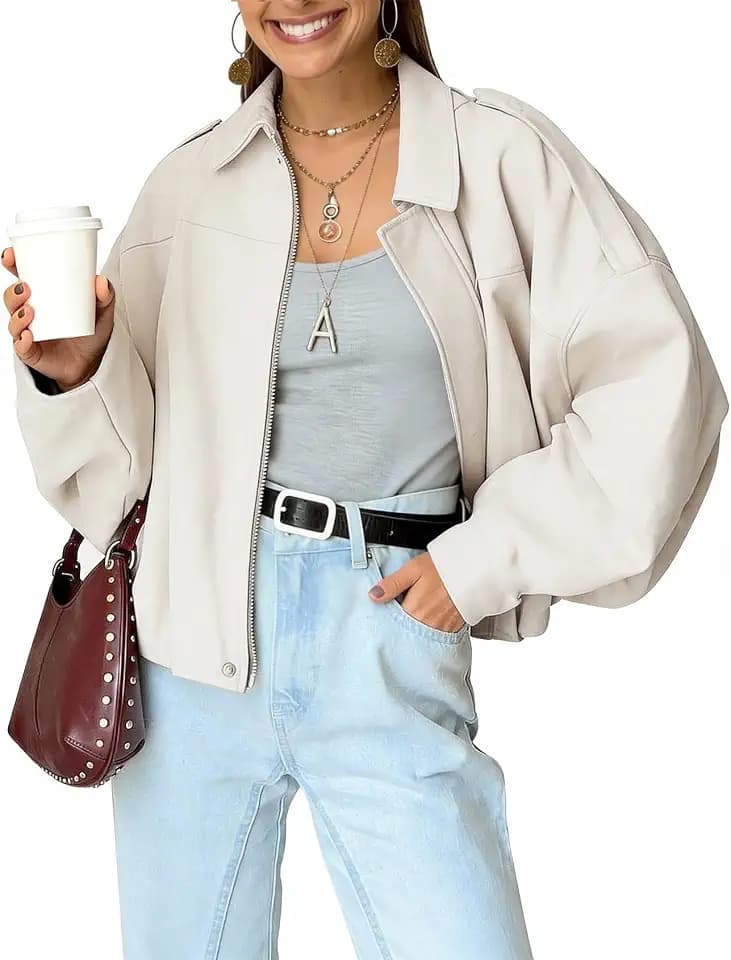 Kissonic Womens Faux Suede Bomber Jacket Oversized Long Sleeve Cropped Coat