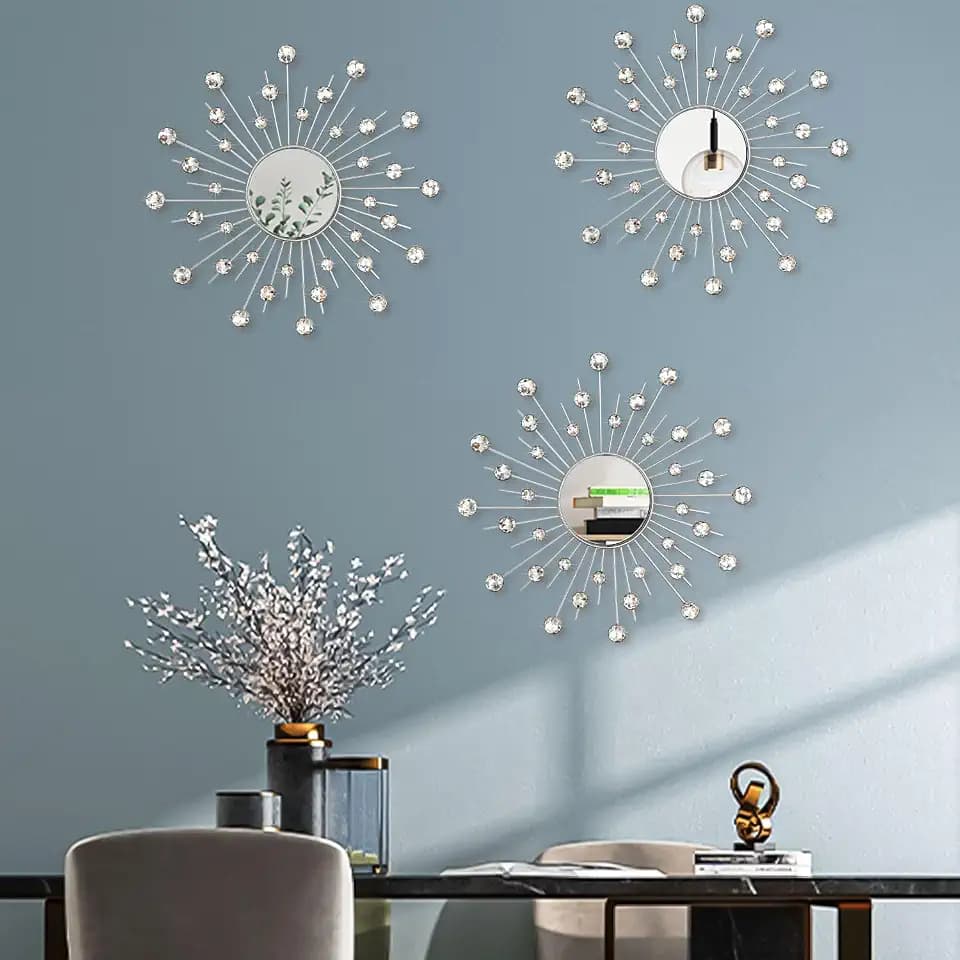 Uaussi 3 Pack Crystal Sunburst Wall Mirror Décor Rhinestone Mirrors Decorative Home Wall Art for Living Room Bedroom Entryway(Crystals Silver)
