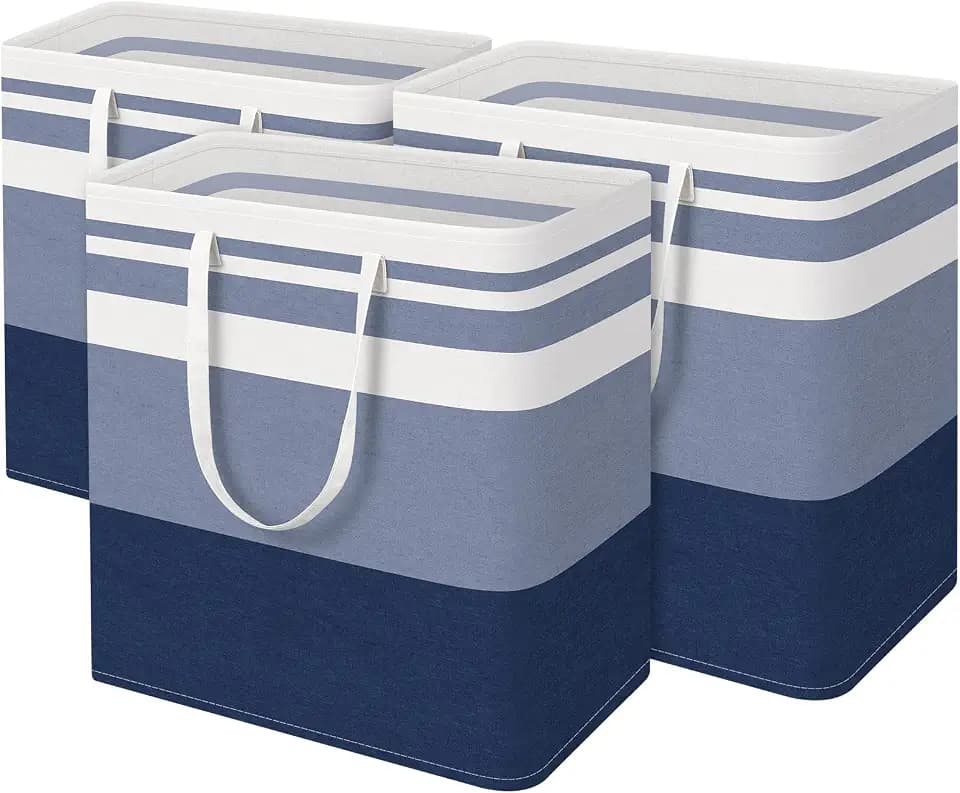 BlissTotes 3-Pack Laundry Basket, Collapsible Laundry Hamper, Blue, 100L
