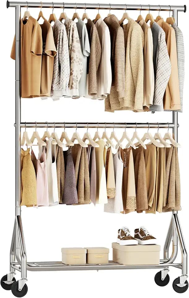 HYSEYY Heavy Duty Clothes Rack, Double Rod Clothing Rack for Hanging Clothes, Rolling Garment Rack, Adjustable Freestanding Wardrobe Closet Coat Rack for Bedroom Laundry Living Room, Silver